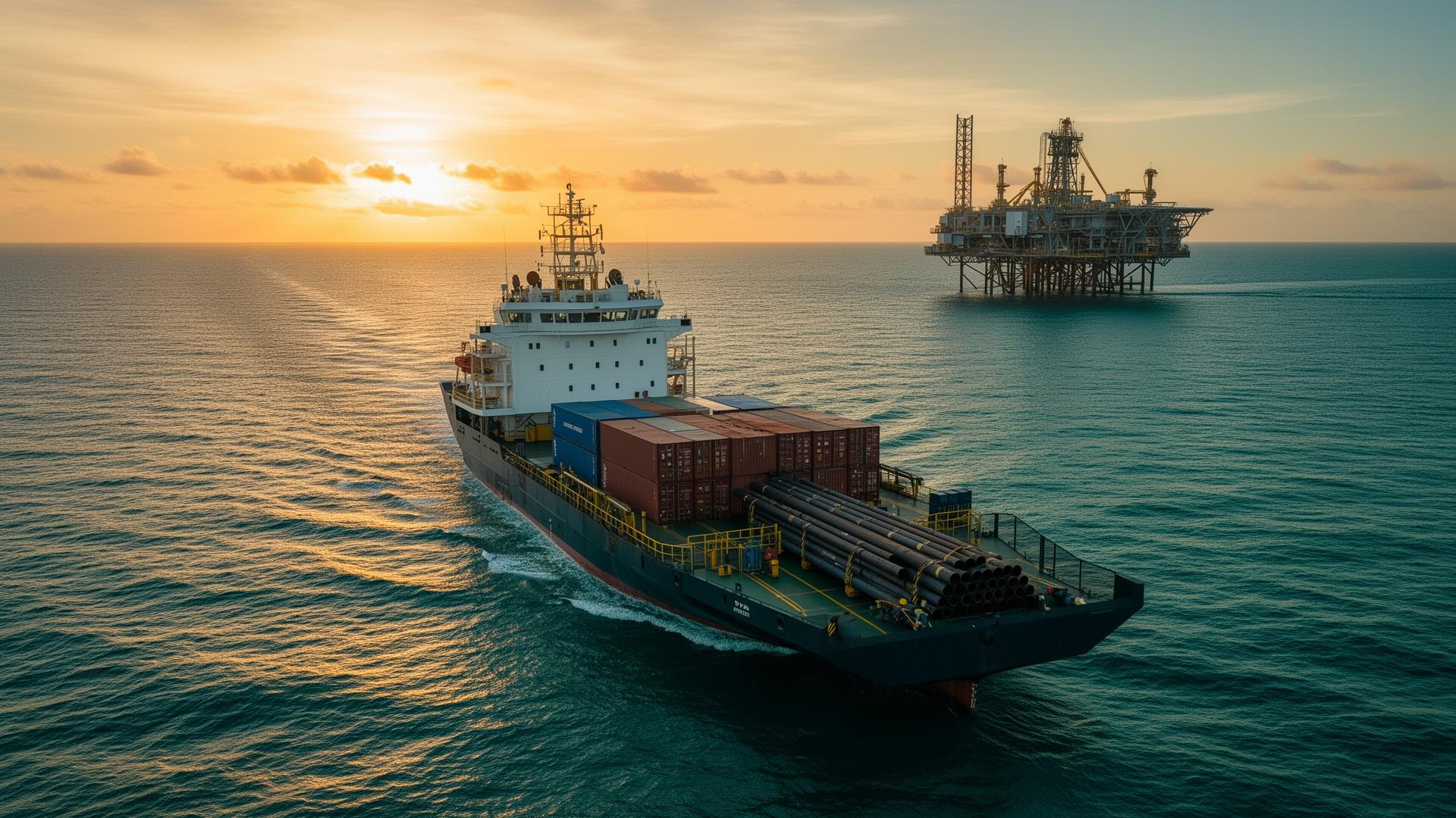 Offshore marine support vessel beside an oil rig at sunset